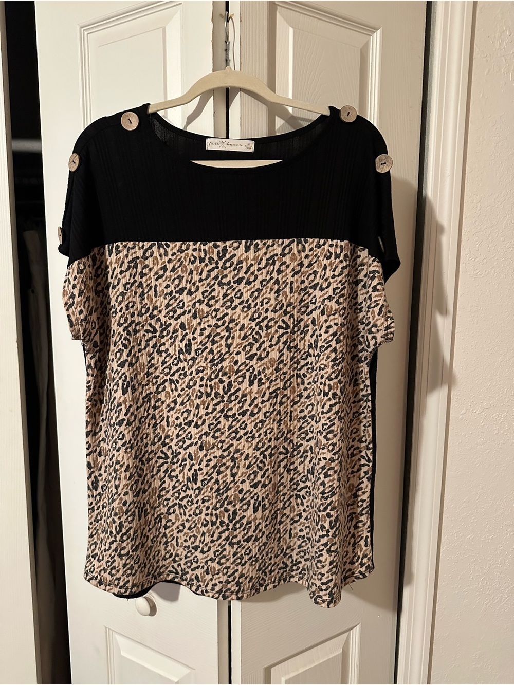 Have Black & Tan Leopard-Print Short Sleeve Top with Button Details